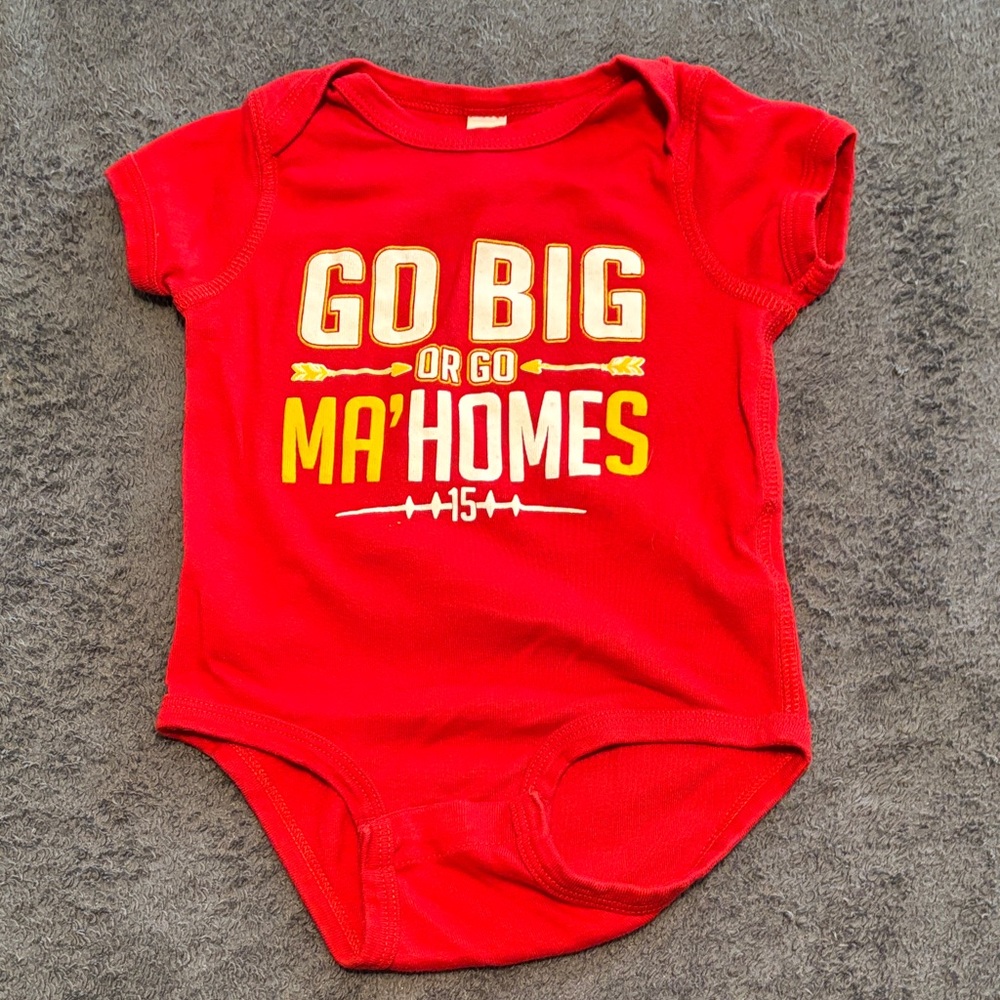Red Baby Onesie with Go Big or Go Ma'Homes Print .Kansas City